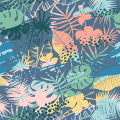 Fototapeta na wymiar Seamless exotic pattern with tropical plants and artistic background
