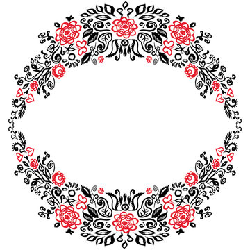 Beautiful card with a round summer wreath of different flowers folk art floral ornament Vintage elegant wedding invitation Red Black isolated on white background. Vector