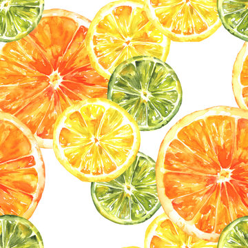 A seamless background pattern with watercolour lemons, oranges, and limes