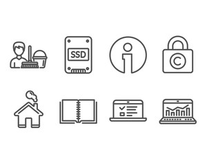 Set of Book, Ssd and Ð¡opyright locker icons. Web lectures, Cleaning service and Web analytics signs. E-learning course, Solid-state drive, Private information. Vector