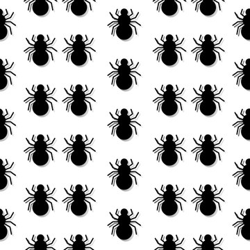 The pattern with the image of spiders with a mirror shadow on a gray background. Vector. Flat.