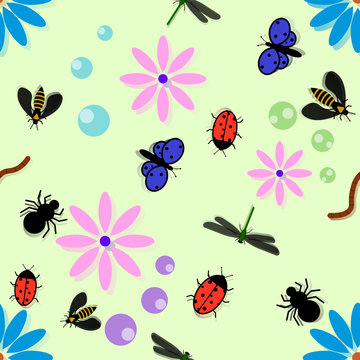 The pattern of insects in colors. Child illustration. Worms, butterflies, flies and so on