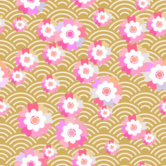 Fototapeta na wymiar Sakura flowers seamless pattern Nature background with blossom pink flowers. brown japanese wave circle pattern pastel colors on mustard yellow background. Vector