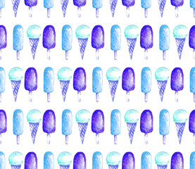 Hand drawn seamless pattern with ice-cream. Sweet summer print for notebook cover, posters, postcards, banners. Watercolor background with different types of ice cream  for cafe or restaurant menu.