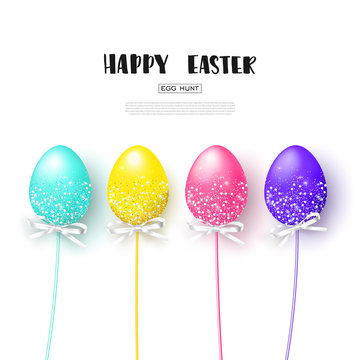 Happy Easter white background with colorful eggs. Egg hunt. Vector illustration. Design layout for invitation, card, menu, banner, poster, voucher.