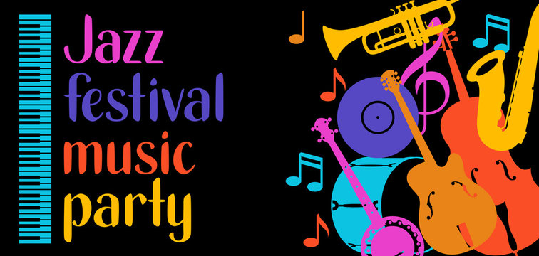 Jazz festival music party banner with musical instruments