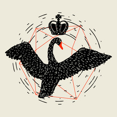 Background with flying black swan. Hand drawn bird