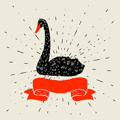 Background with floating black swan. Hand drawn bird