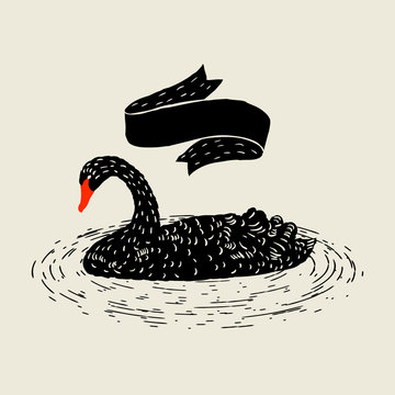 Background with floating black swan. Hand drawn bird