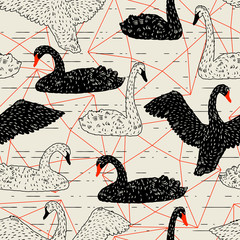 Obraz premium Wzór z pływających łabędzi czarno-białych. Ręcznie rysowane ptaki