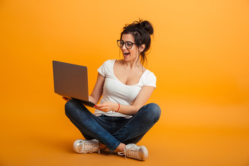 Cheerful pretty young woman using laptop computer.