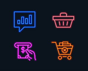 Neon lights. Set of Analytical chat, Atm service and Shopping basket icons. Remove purchase sign. Communication speech bubble, Cash investment, Sale offer. Delete from cart.  Glowing graphic designs
