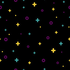 Stylish 1980s abstract memphis seamless pattern. Modern space texture with rare color funky shapes on black background. Vector illustration in memphis pop art style for fashion fabric print or booklet