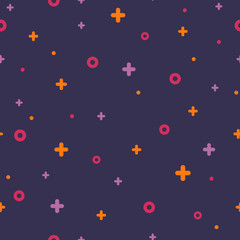 Motif géométrique rétro sans couture de memphis style années 80-90. Texture de l& 39 espace moderne avec des formes funky de couleurs rares sur fond violet. Illustration vectorielle dans le style pop art de memphis pour un motif de tissu moderne