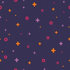 Behang Geometrische memphis retro naadloze patroon 80s - 90s stijl. Moderne ruimtetextuur met zeldzame kleuren funky vormen op violette achtergrond. Vectorillustratie in pop-artstijl van Memphis voor modern stoffenpatroon © moonnoon