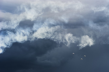 Naklejka na ściany i meble Group of vintage single engine propeller biplanes aircrafts flying with dark stormy sky background 