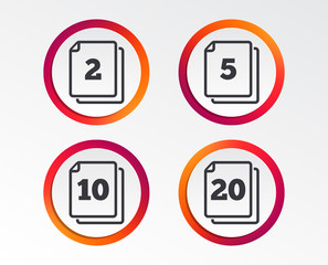 In pack sheets icons. Quantity per package symbols. 2, 5, 10 and 20 paper units in the pack signs. Infographic design buttons. Circle templates. Vector