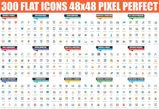 Simple set of vector flat icon. Contains such Icons as Business, Finance, Development, SEO, Marketing, Banking, Education, Investment, Advertising and more. Linear pictogram pack. 48x48 Pixel Perfect.