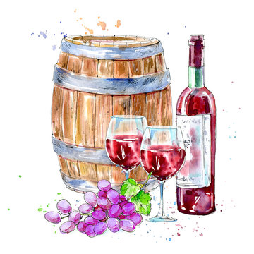 Bottle of red wine, glasses,wooden barrel and grapes.Picture of a alcoholic drink.Beverage.Watercolor hand drawn illustration.White background.