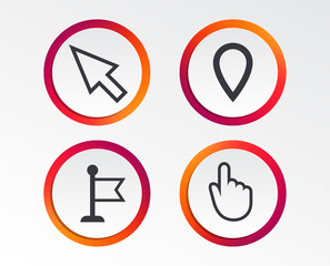 Mouse cursor icon. Hand or Flag pointer symbols. Map location marker sign. Infographic design buttons. Circle templates. Vector