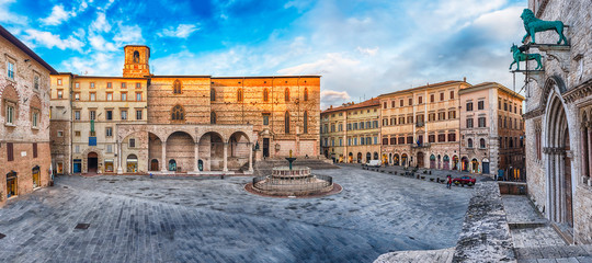 Panoramic view of Piazza IV Novembre, Perugia, Italy - obrazy, fototapety, plakaty