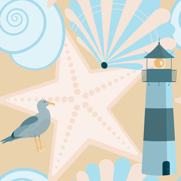 Pattern background. Seamless pattern of North Sea with shells, sea gull and lighthouse in trendy pastel color tones.
