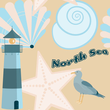 Pattern background. Seamless pattern of North Sea with shells, sea gull and lighthouse in trendy pastel color tones. Text : North Sea