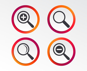 Magnifier glass icons. Plus and minus zoom tool symbols. Search information signs. Infographic design buttons. Circle templates. Vector
