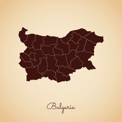 Obraz premium Bulgaria region map: retro style brown outline on old paper background. Detailed map of Bulgaria regions. Vector illustration.