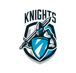Colorful logo, sticker, emblem of the knight in iron armor. Knight of the Middle Ages, shield, warrior, swordsman, crusader, defender of the fortress. The mascot of the sports club.Vector illustration