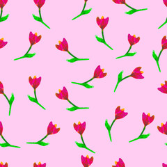 Floral seamless pattern. Hand painted tulips plum. Bright watercolor illustration. Yellow and red flowers on pink background. Spring or summer wall paper. For print, fabric, textile, paper, backdrop.