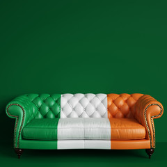 Classic tufted leather sofa in color of Irish flag on green background with copy space. Digital illustration.3d rendering
