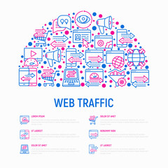 Fototapeta na wymiar Web traffic concept in half circle with thin line icons: SEO technology, data exchange, sync, click, mobile backup, traffic speed, sales growth. Modern vector illustration for print media, web page.