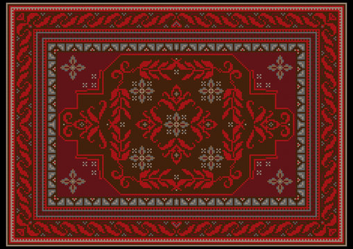 Carpet design with ethnic ornament of red and burgundy shades and red floral pattern on brown on the middle



