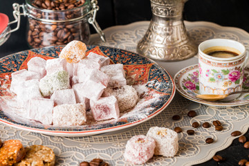 Cup of coffee with turkish delight 
