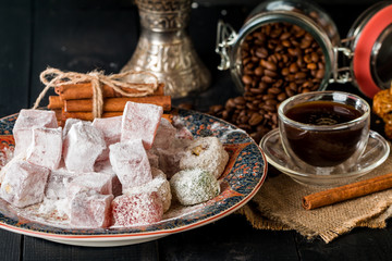 Cup of coffee with turkish delight 