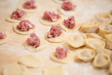 Dough made for modeling homemade ravioli, pelmeni or dumplings . Traditional Russian dish, national cuisine. Home cooking, handmade.