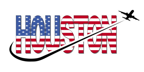 Naklejka premium Houston flag text with plane silhouette and swoosh illustration