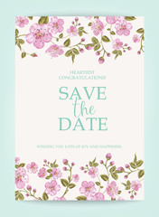 Blooming sakura tree branch at the bottom of vertical invitation card isolated over white background and text place in center. Congratulation text card with Save the date sign.