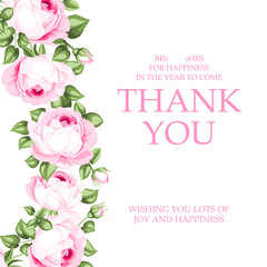 Fototapeta na wymiar Invitation text card with Thank You sign.Blooming rose garland at the left side of invitation card isolated over white background and text place. Vector illustration.