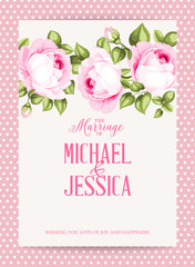 Flower garland for invitation card. Wedding card template with blooming roses and custom text isolated over pink frame. Pink flowers on the white background. Vector illustration.