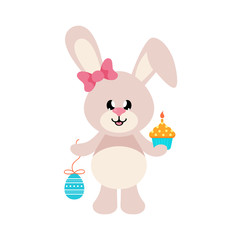 Fototapeta na wymiar artoon easter bunny\cartoon easter bunny girl with bow and easter egg and cake