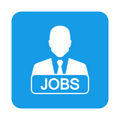 Icono plano hombre con letrero JOBS en cuadrado azul