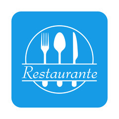 Icono plano Restaurante con cubiertos y circulo en cuadrado azul