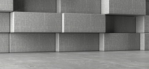 3D Rendering Of Realistic Concrete Room With Decotarive Rectangle Blocks On The Wall