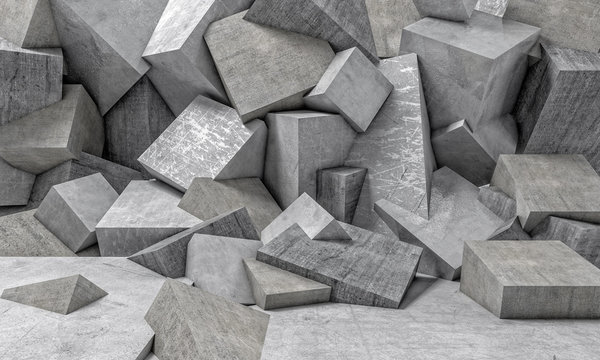 abstract 3d background of a series of randomly placed concrete cubes. geometric and polygonal shapes. nobody around. horizontal format. © tiero