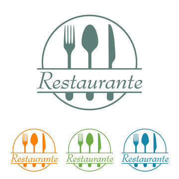Icono plano Restaurante con cubiertos y circulo en varios colores
