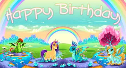  Gelukkige verjaardagskaart met fantasiedieren © ddraw