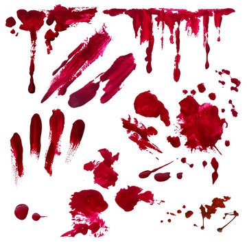 Blood splatter painted vector isolated on white for halloween design. Red dripping blood drop watercolor