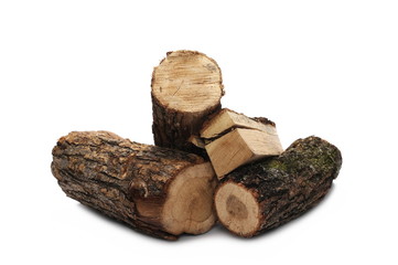 Wood stumps, log fire isolated on white background with clipping path